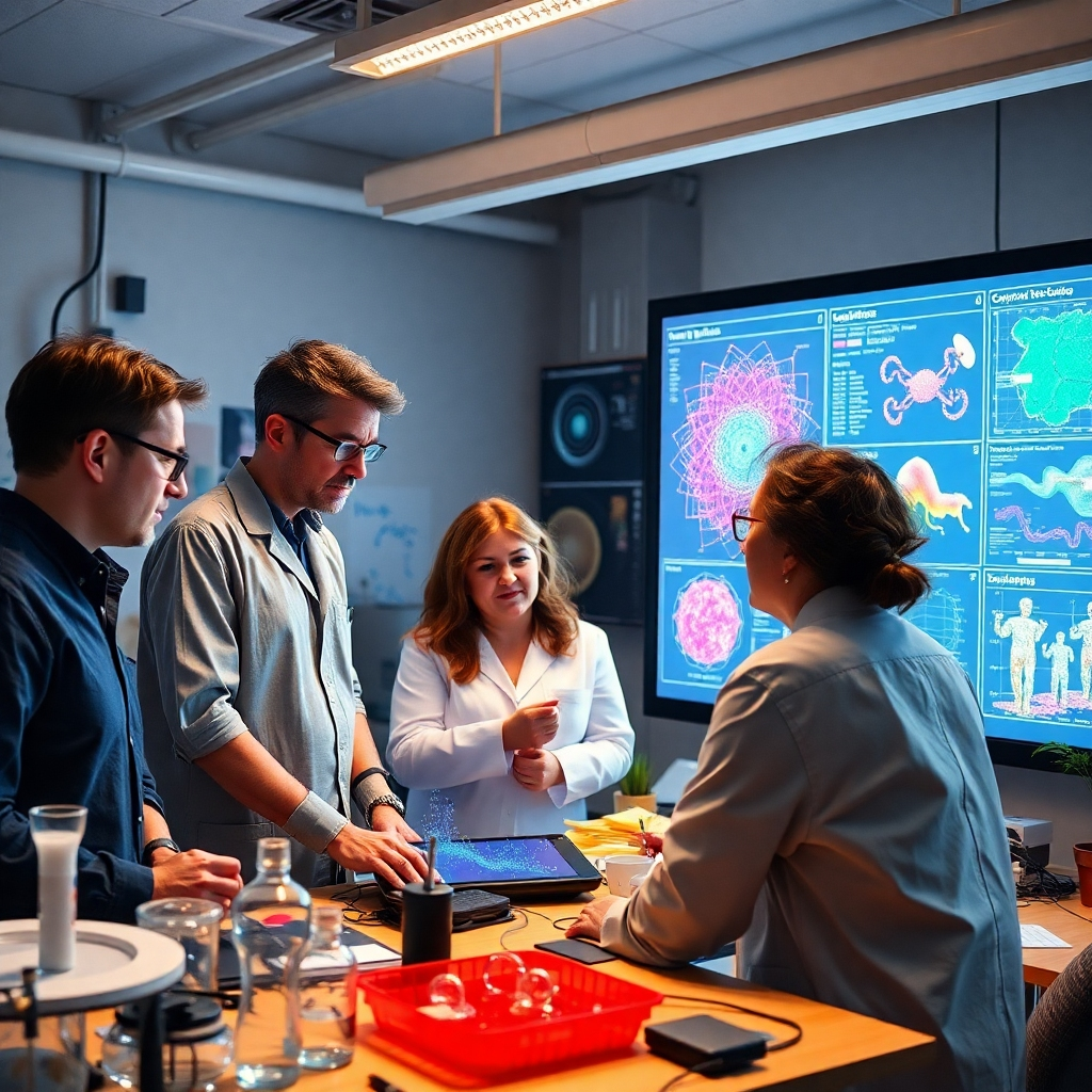 A vibrant scene representing interdisciplinary collaboration, with scientists from various fields including computer science, biology, and social science, gathered around a large digital screen. Display diverse data visualizations, scientific models, and innovative project prototypes in a creative workspace.